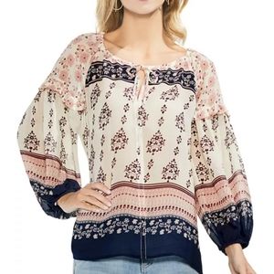 Vince Camuto Beige Cream Boho Paisley Semi Sheer Tie V-Neck Blouse SZ M